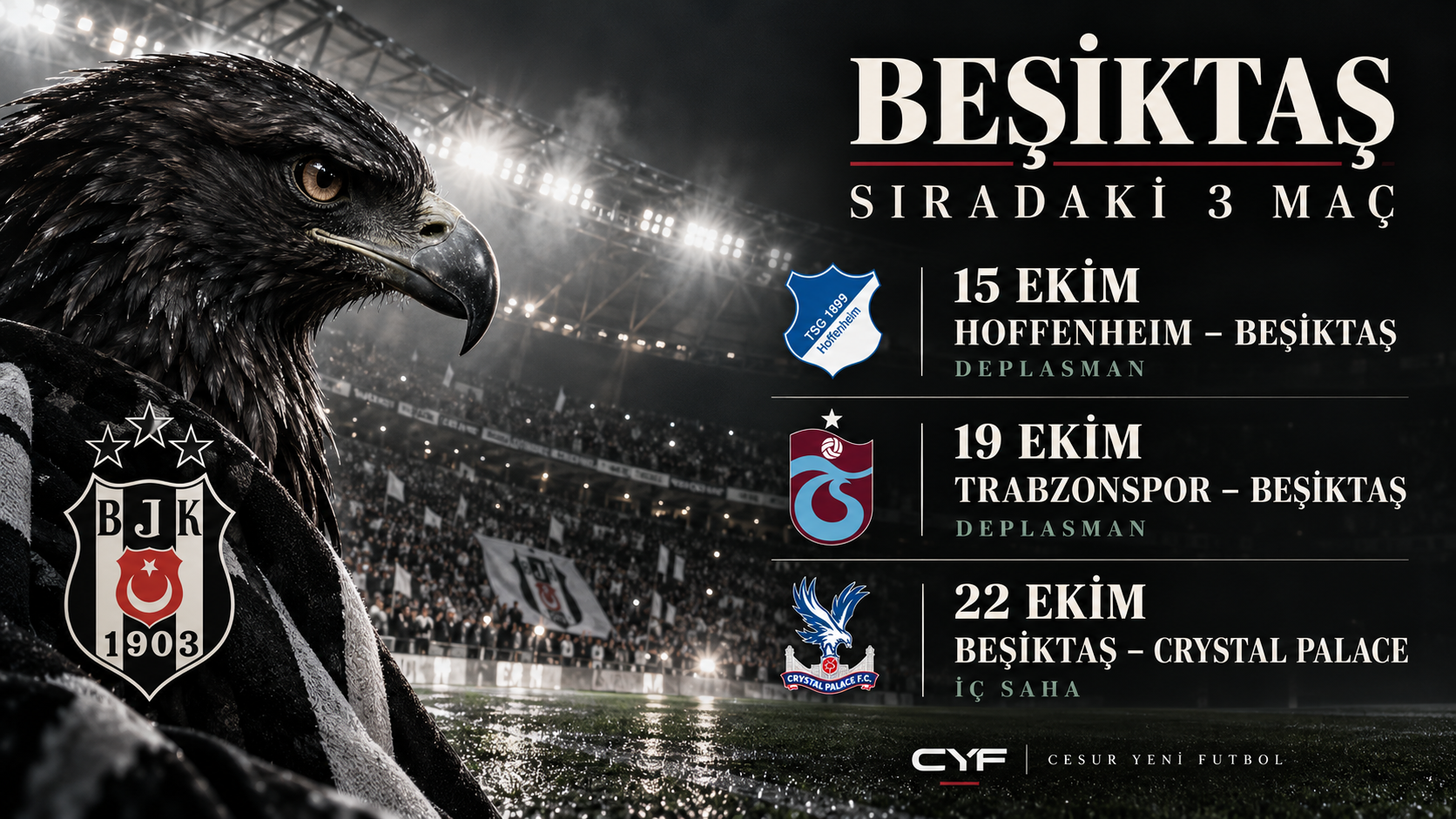 Beşiktaş’ın sıradaki üç maçı: 15 Ekim Hoffenheim deplasmanı, 19 Ekim Trabzonspor deplasmanı, 22 Ekim Crystal Palace iç saha