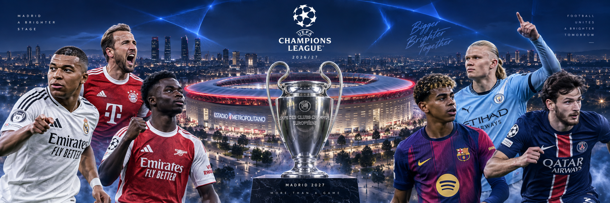 Şampiyonlar Ligi kupası, futbolcular ve Madrid Metropolitano stadını bir araya getiren 2026/27 sezonu kapak tasarımı