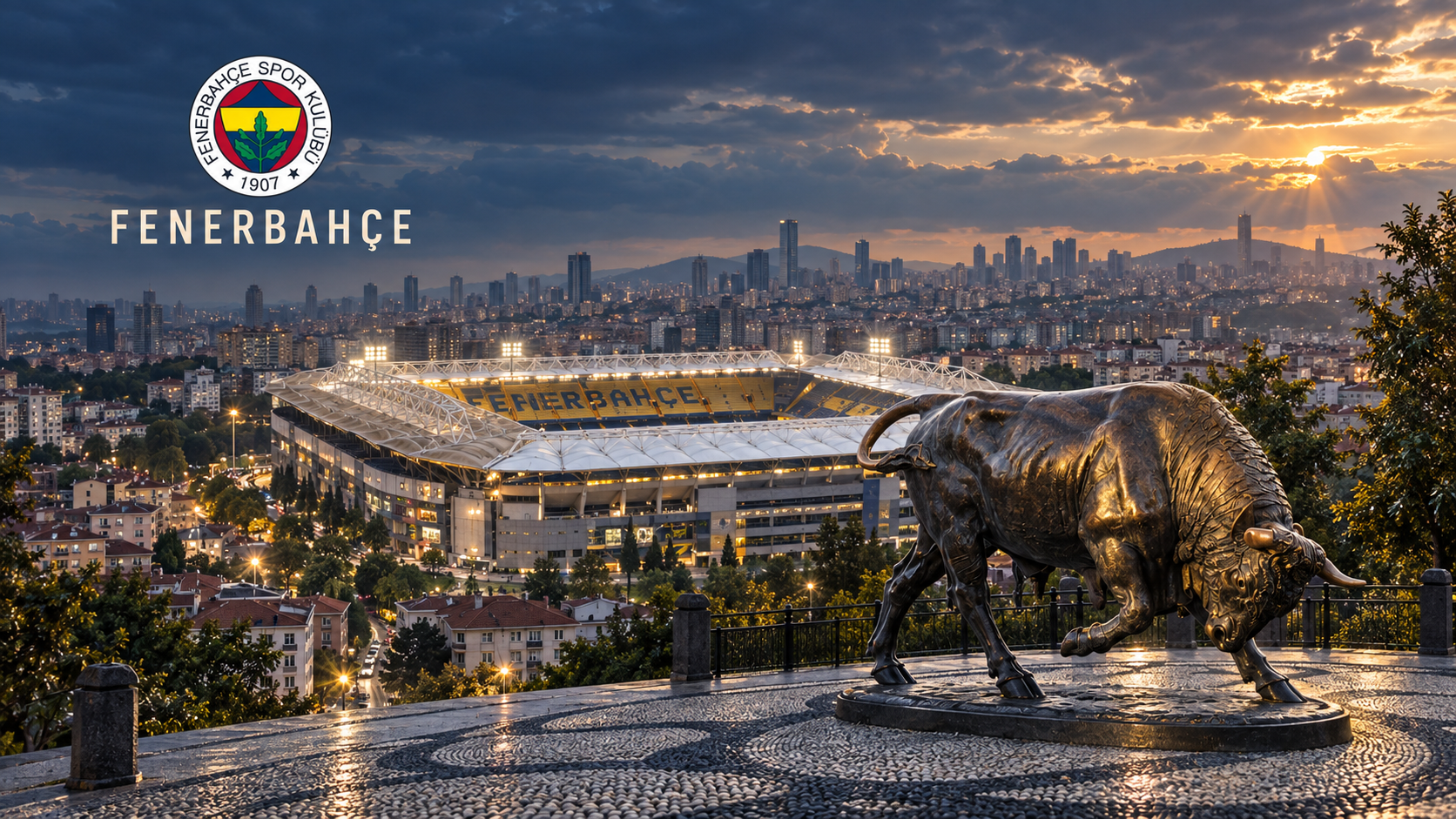 Fenerbahçe arması, gün batımında Şükrü Saracoğlu Stadyumu ve Kadıköy boğasının yer aldığı kapak tasarımı