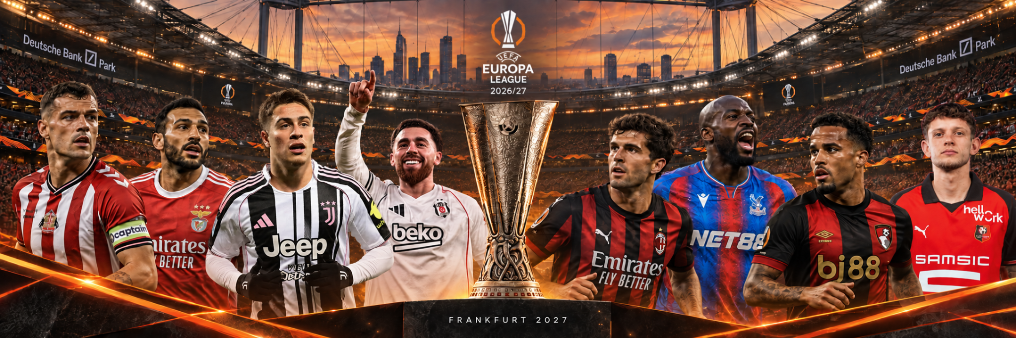 UEFA Avrupa Ligi kupası ve futbolcuların Frankfurt stadında yer aldığı turuncu tonlarda 2026/27 sezonu kapak tasarımı