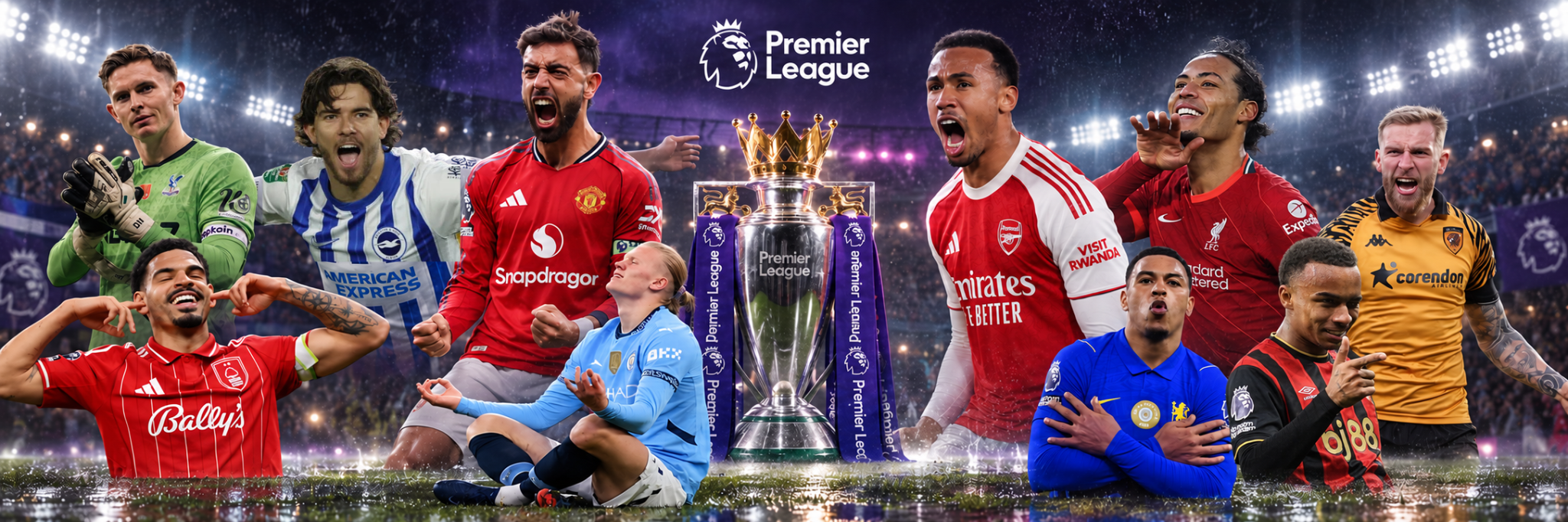 Premier League logosu ve kupasının çevresinde futbolcuların yer aldığı Premier Lig kapağı