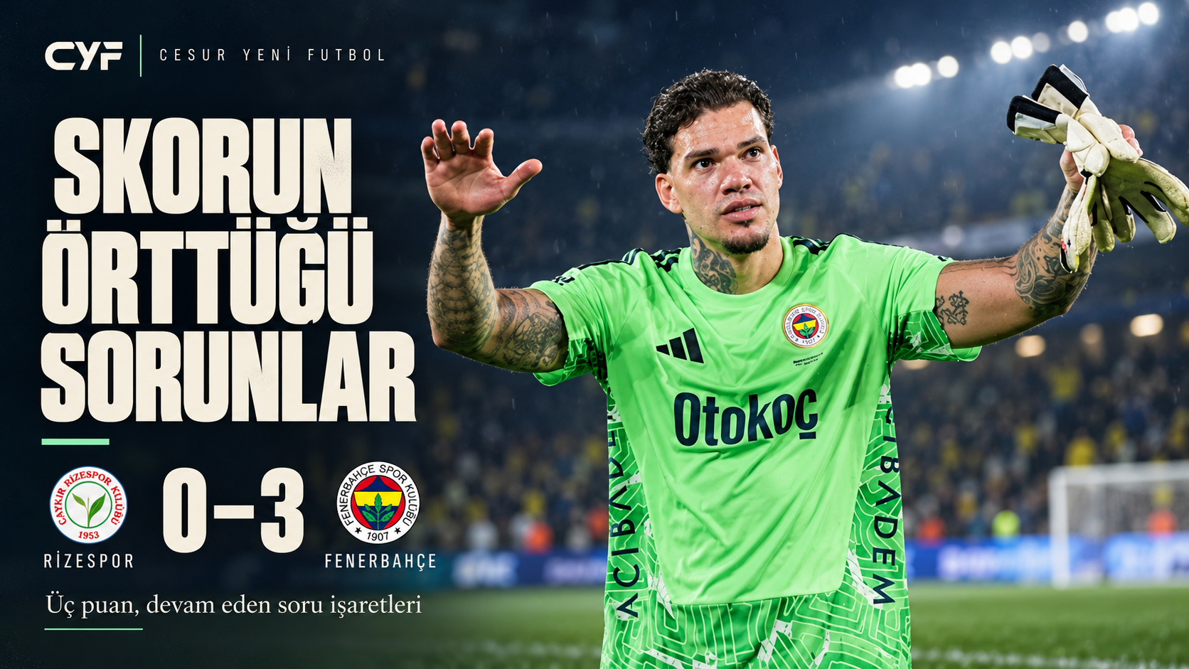 Skorun örttüğü sorunlar: Ederson ve Rizespor 0–3 Fenerbahçe kapak tasarımı